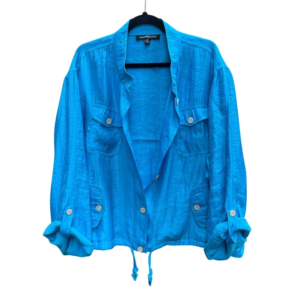 Vintage Linear 3X Blue Button Up Utility Shirt Roll Tab Sleeve Drawstring Hem